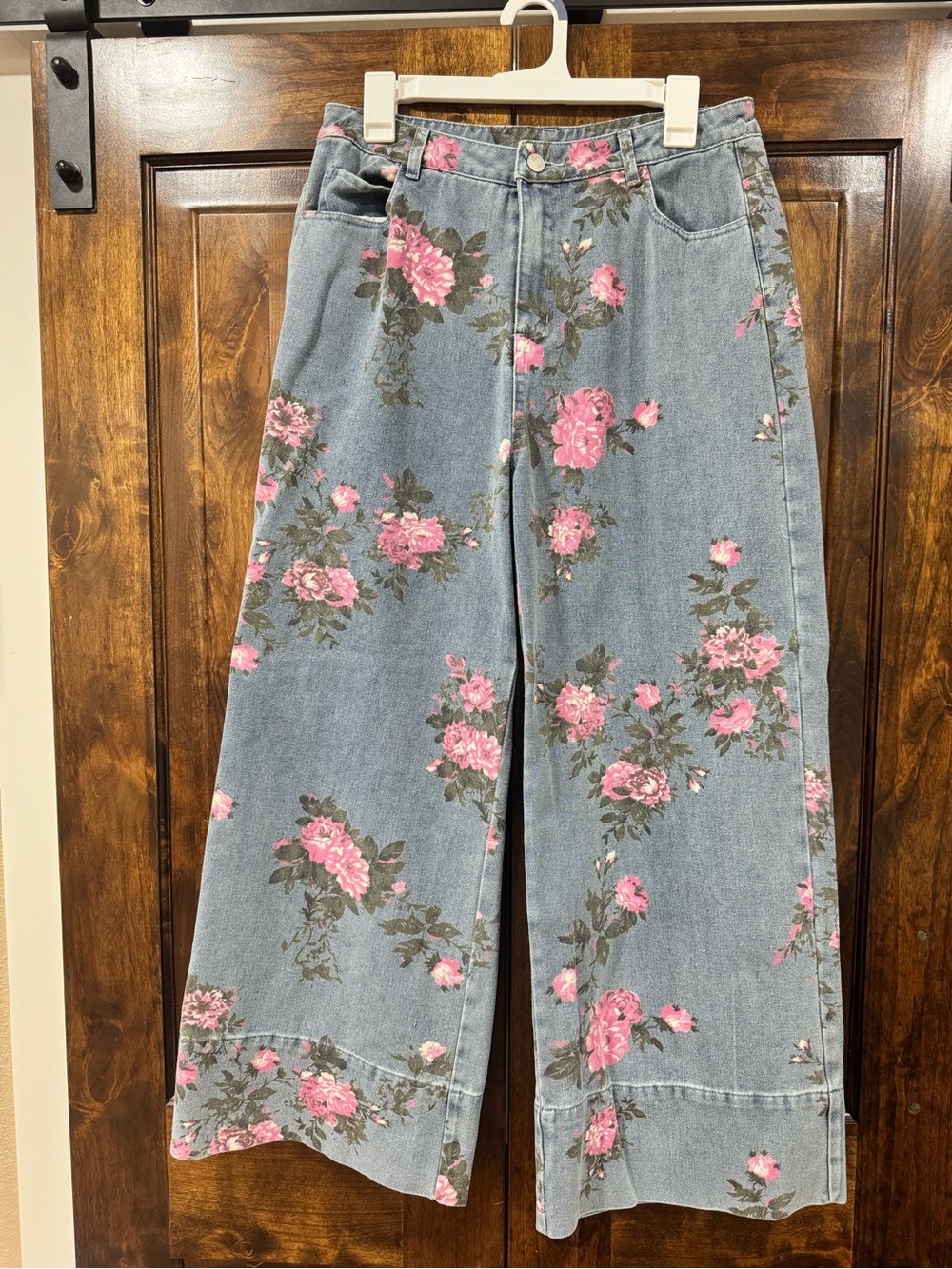 entro Light Blue Wide-Leg Jeans with Pink Rose Print